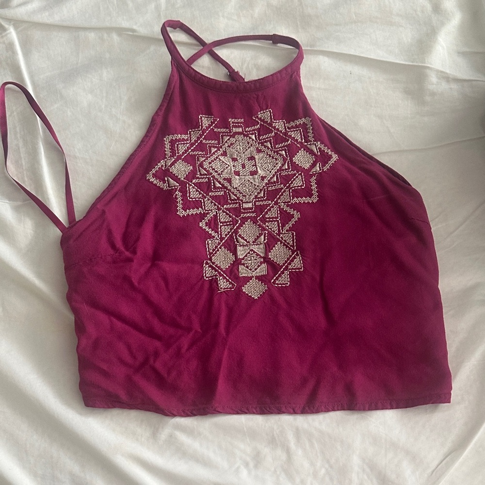 Hollister Embroidered Burgundy Halter Neck Top